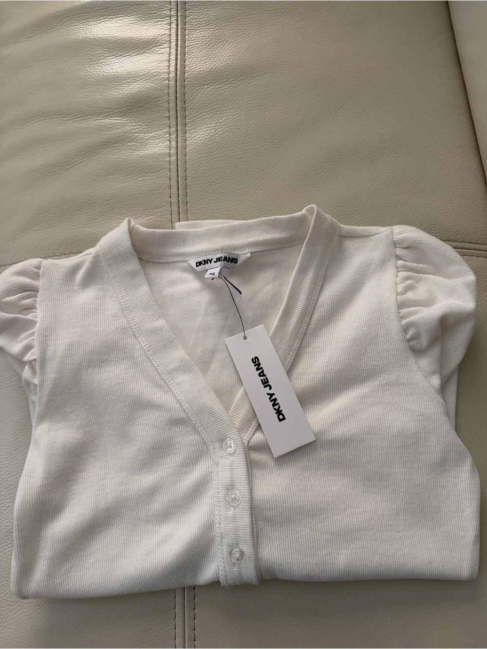 DKNY White Ribbed Crewneck Top
